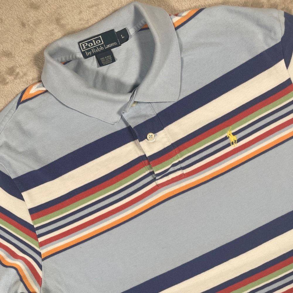 Vintage Polo Ralph Lauren Polo Shirt Multi Stripe Mens Large Blue Short Sleeve